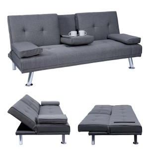 MCW 3er-Sofa F60 Textil Dunkelgrau mit Schlaffunktion und Getränkehalter.