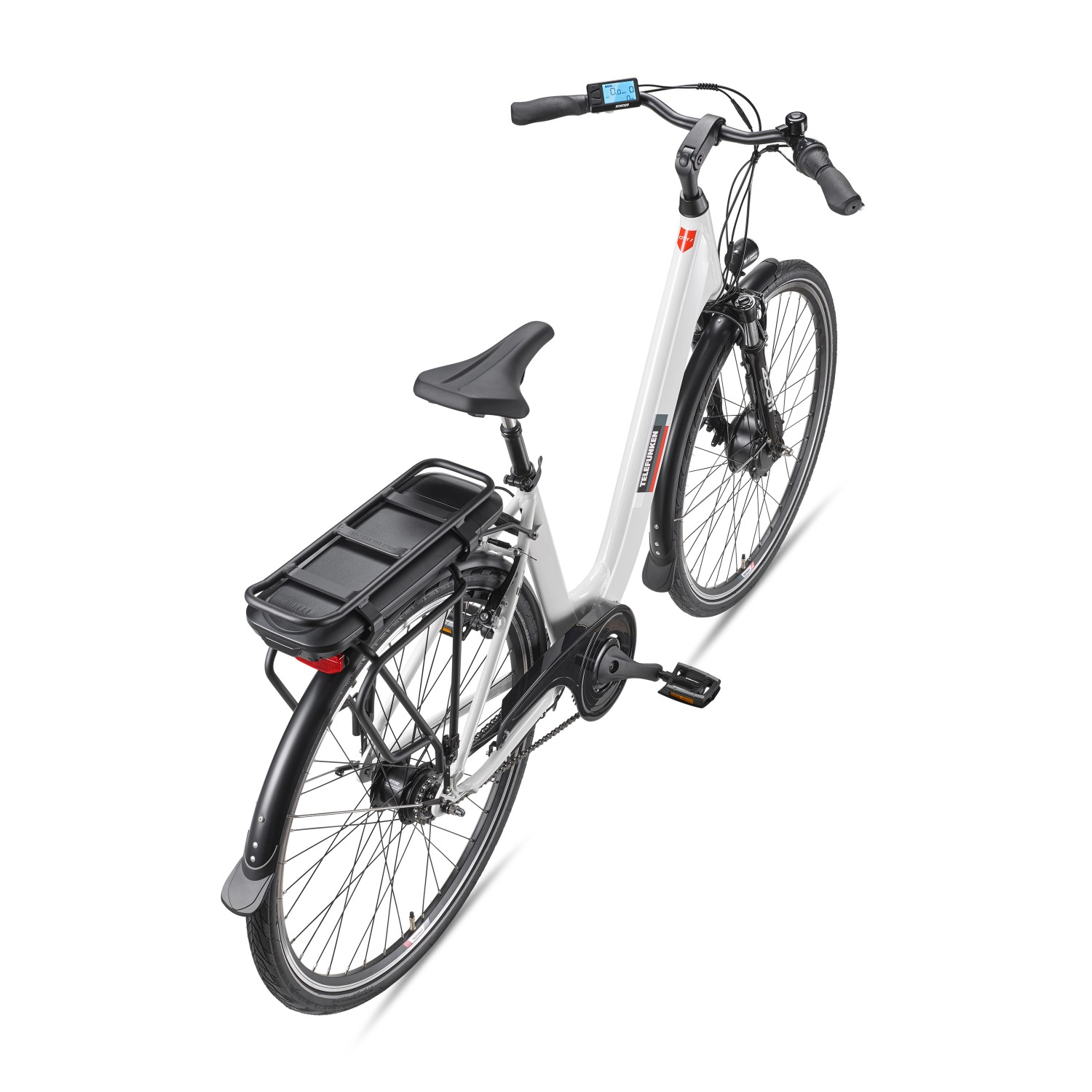 Telefunken City E-Bike 28 Zoll, weiß, mit Gepäckträger und tiefem Einstieg.