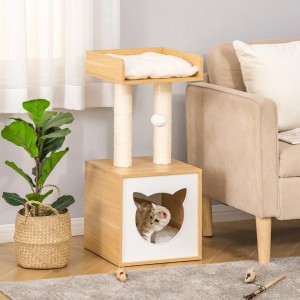 Pawhut Katzenhöhle mit Kratzbaum und Kissen, Holzoptik. Katzenkorb mit Liegefläche und Spielzeug.