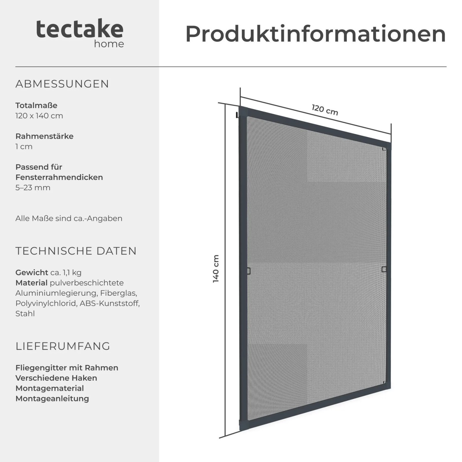 Tectake Fliegengitter Mit Aluminiumrahmen  Für Fenster  Zuschneidbar Wetter  und Uv Beständig 120 x 140 cm 1 x 120 x 140 cm Anthrazit_6