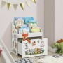 Weißes Juskys Kinder Bücherregal mit 3 Fächern, Spielzeugkiste und Tierstickern.