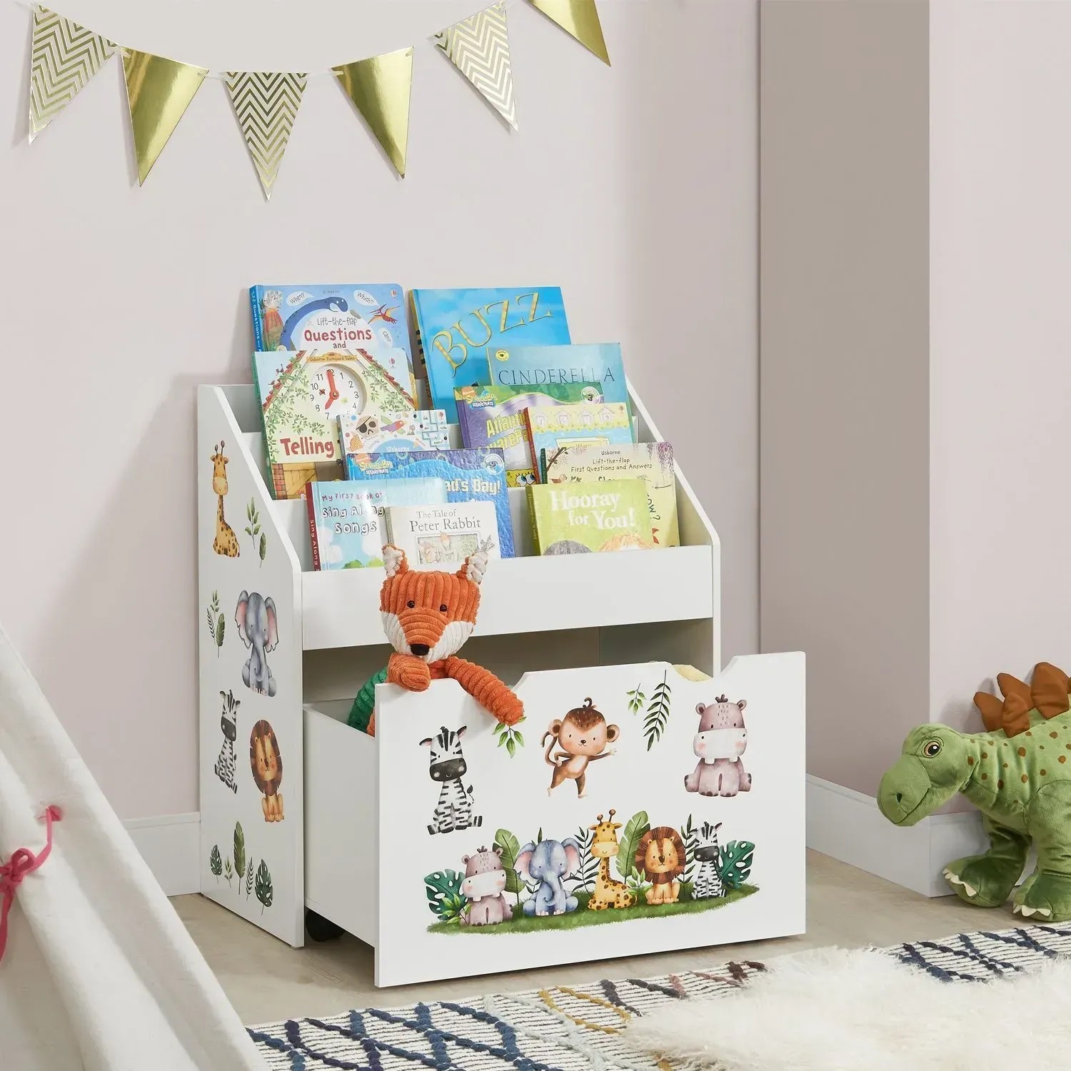 Weißes Juskys Kinder Bücherregal mit 3 Fächern, Spielzeugkiste und Tierstickern.
