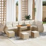 Beiges 10-tlg. vidaXL Garten-Sofa-Set aus Poly Rattan mit Tisch und Hockern.