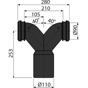 Technische Zeichnung Alcadrain M909 Doppelbogen 90° Ø90/110 mm mit Dichtung.