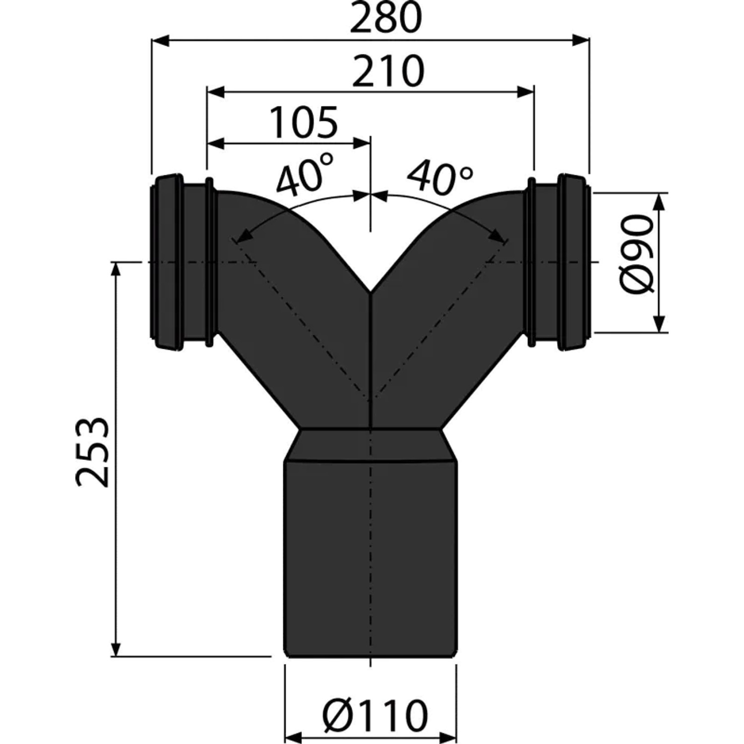 Technische Zeichnung Alcadrain M909 Doppelbogen 90° Ø90/110 mm mit Dichtung.