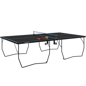 Schwarze SPORTNOW Tischtennisplatte mit Netz, Schlägern und Bällen.