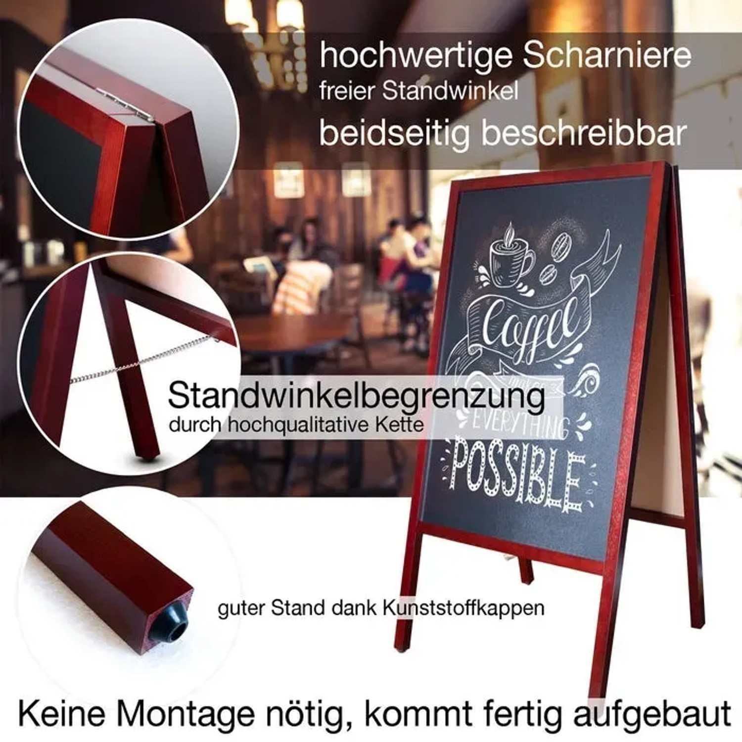 Braune Kreidetafel als Kundenstopper mit Holzrahmen, beschriftet mit "Coffee".