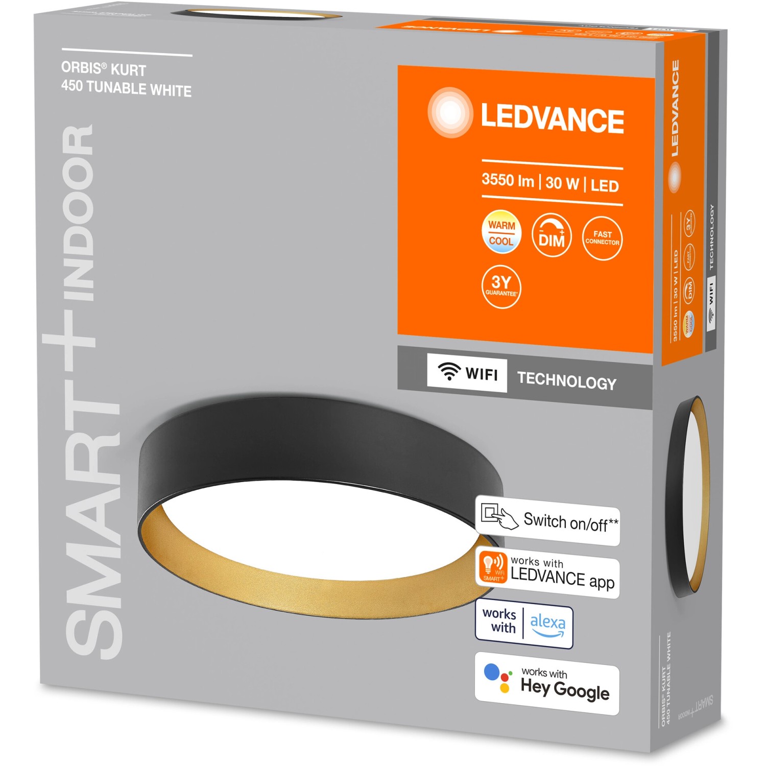 Verpackung der Ledvance Smart+ WiFi Deckenleuchte Orbis Kurt, schwarz-gold, Ø 45 cm.