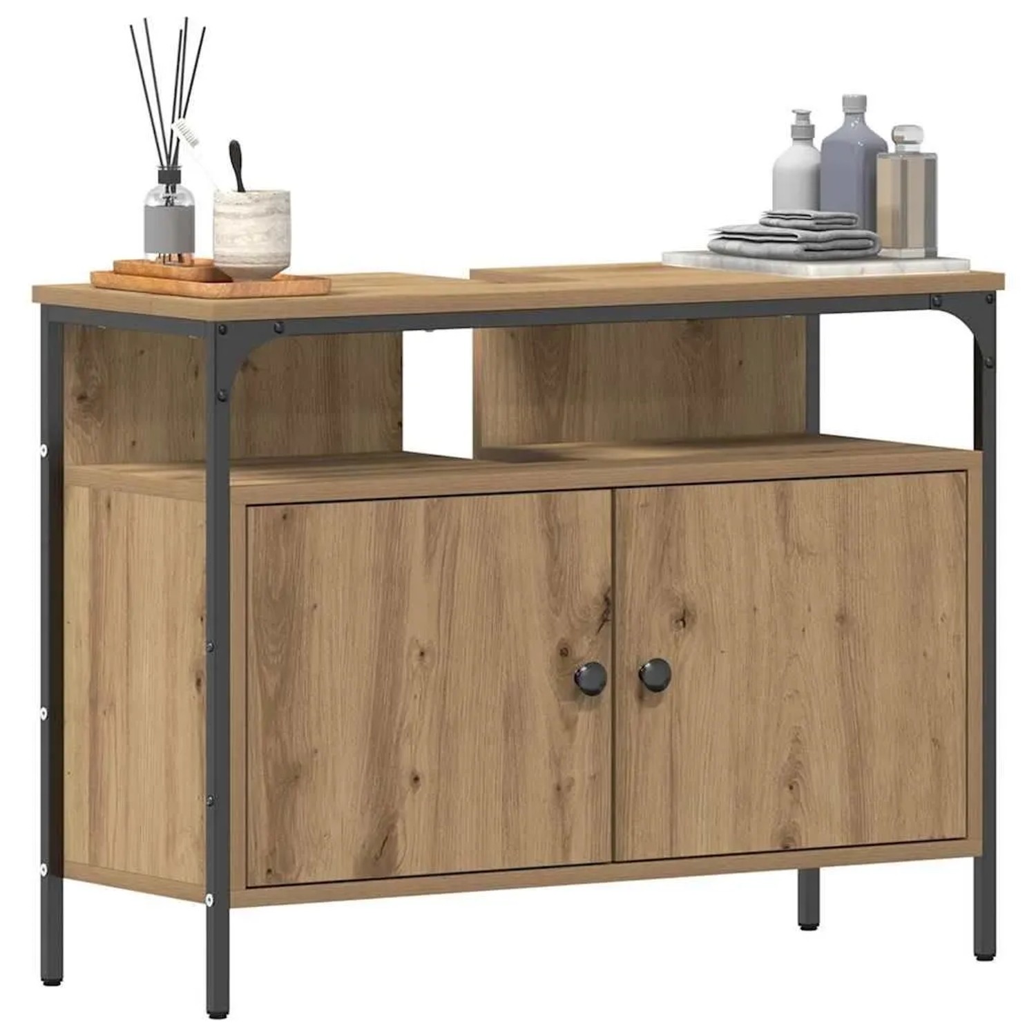 vidaXL Waschbeckenschrank Artisan-Eiche, Stahlrahmen, 2 Türen, offene Fächer, U-Ausschnitt für Waschtisch.