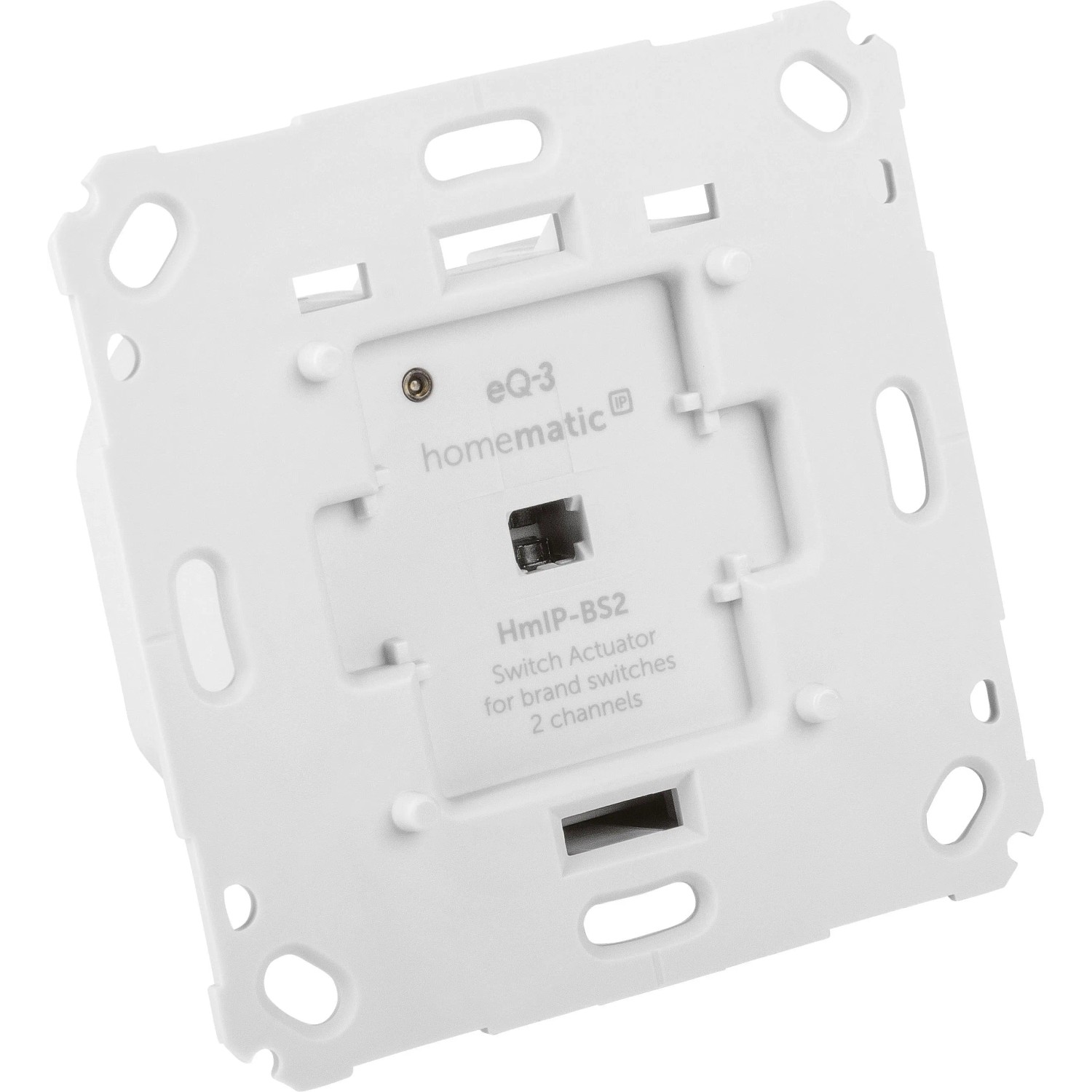 Homematic IP Schaltaktor 2-fach, weiß, Rückseite mit Anschlüssen. Smart Home Modul für Markenschalter.
