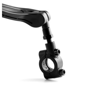Schwarzer Lifenaxx Fahrradspiegel LX-031 für die linke Seite, Detailaufnahme der Lenkerbefestigung.