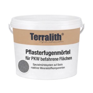 Weißer Eimer Terralith 2k Pflasterfugenmörtel Steingrau. Spezialmörtel für PKW-Flächen, 26 kg.