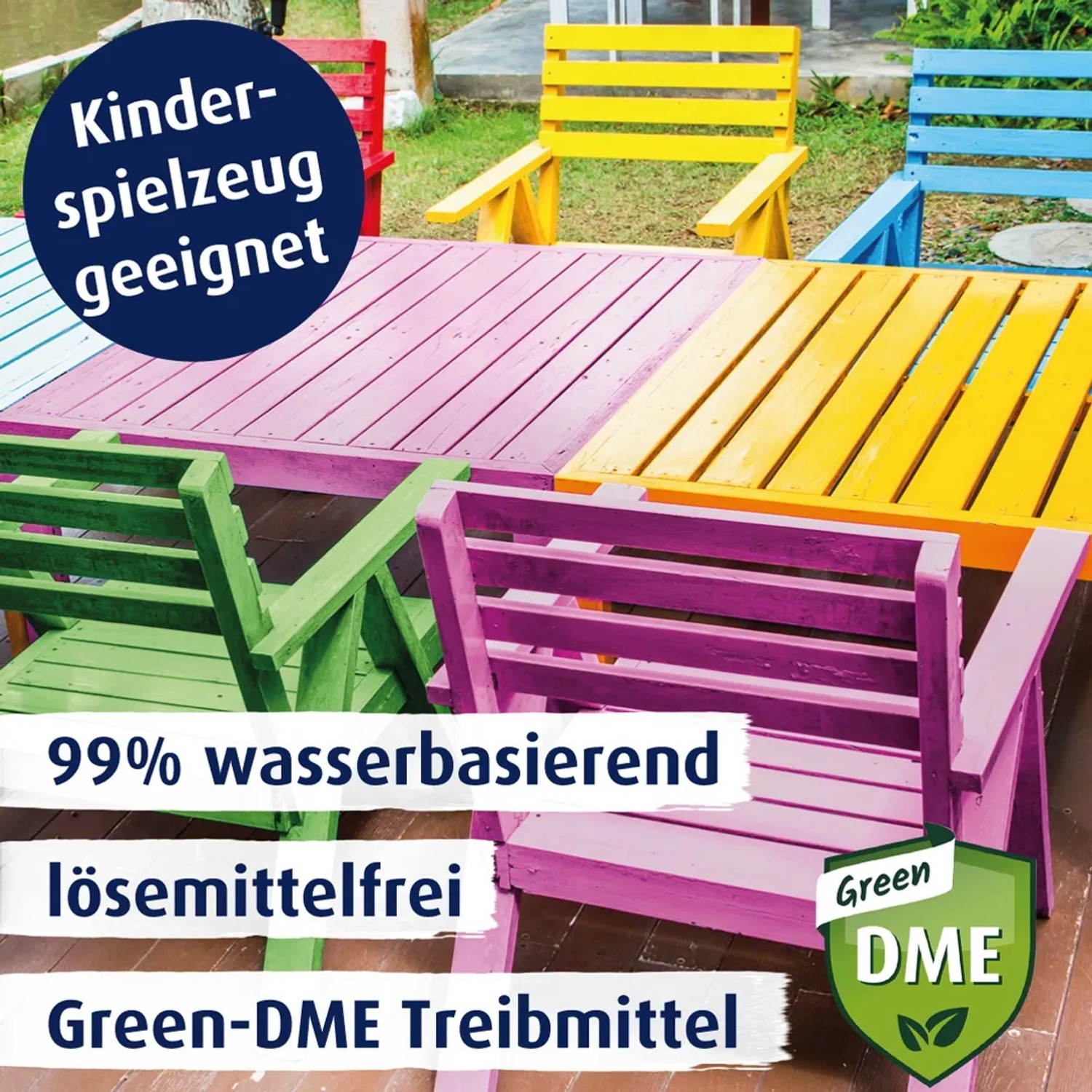 Buntes Gartenmöbel-Set mit Belton Free AQUAcolours Klarlack Transparent hochglänzend behandelt.