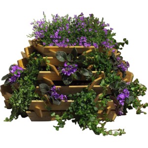 Promadino 6-eck Pflanzpyramide aus Kiefernholz, bepflanzt mit lila Blumen und grünen Pflanzen.