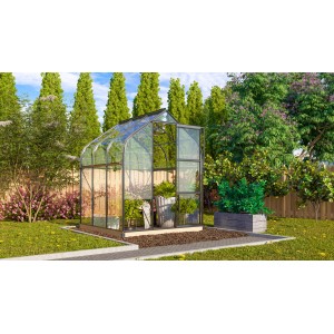 Vitavia Gewächshaus Orion 3800, schwarzer Rahmen, Glas, mit Pflanzen im Garten.
