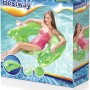 Verpackung des Bestway Poolsitz Lazy Lounge, mit Frau auf grünem Schwimmsessel im Wasser.