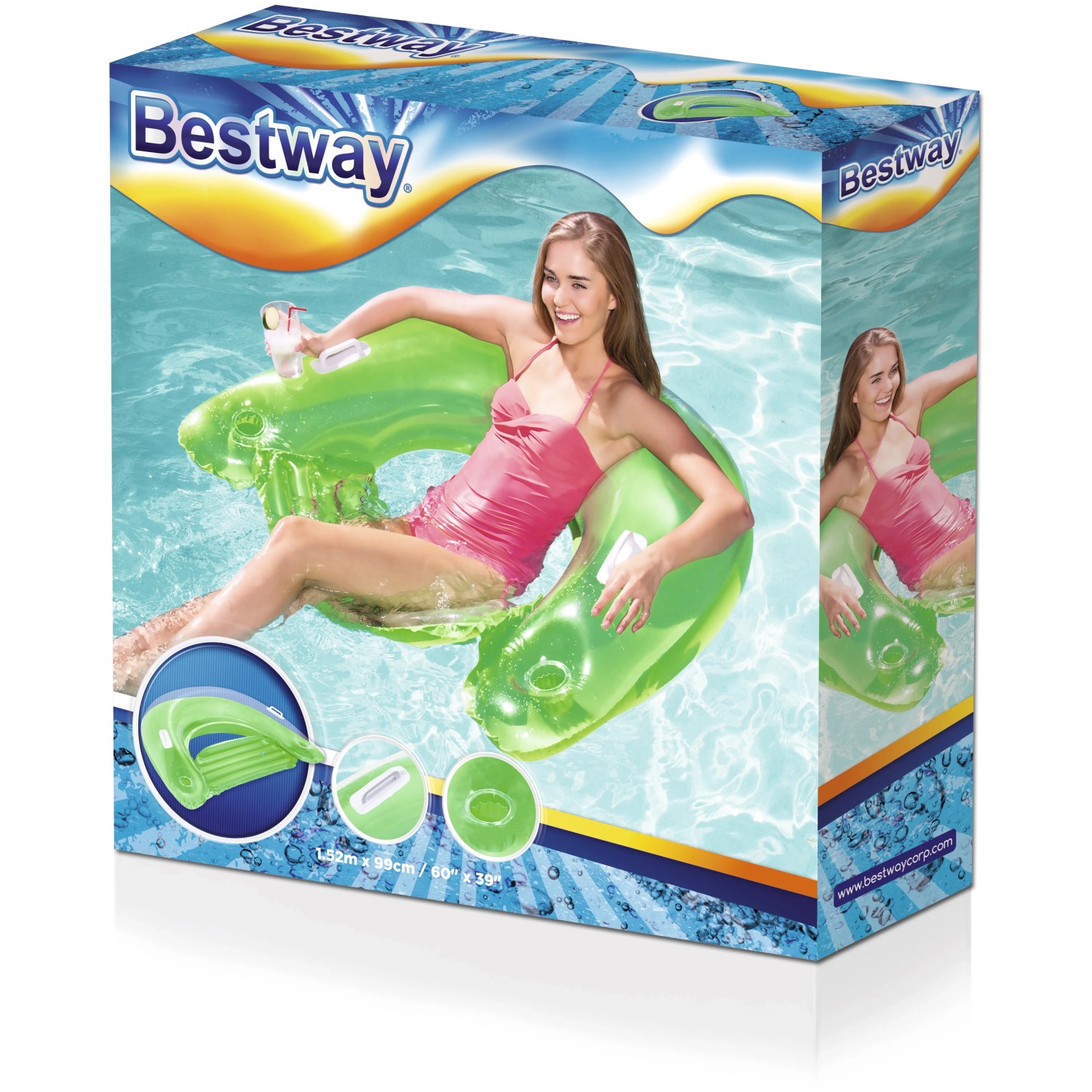 Verpackung des Bestway Poolsitz Lazy Lounge, mit Frau auf grünem Schwimmsessel im Wasser.