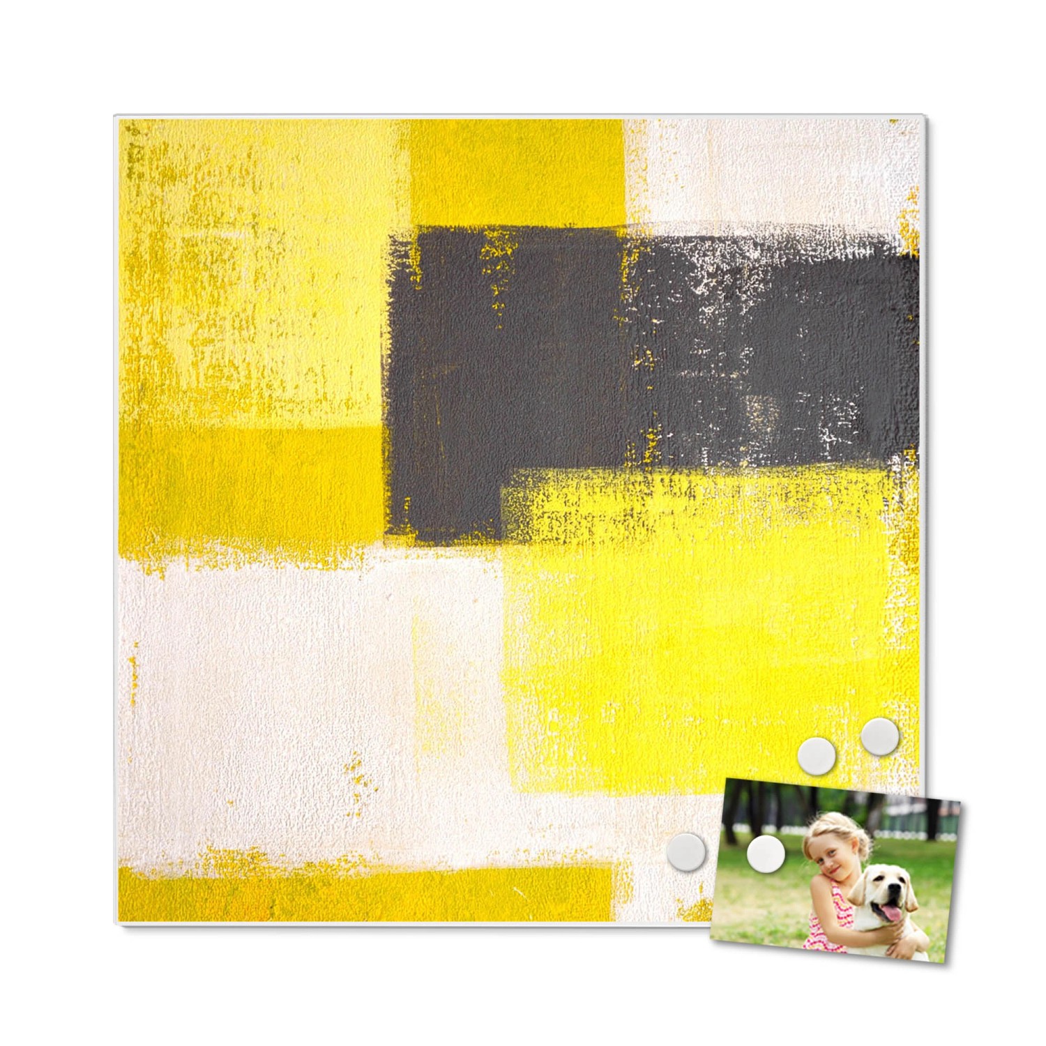 Banjado Magnettafel 50x50 cm mit abstraktem gelben Motiv, inklusive Magnete. Wanddekoration für Notizen.