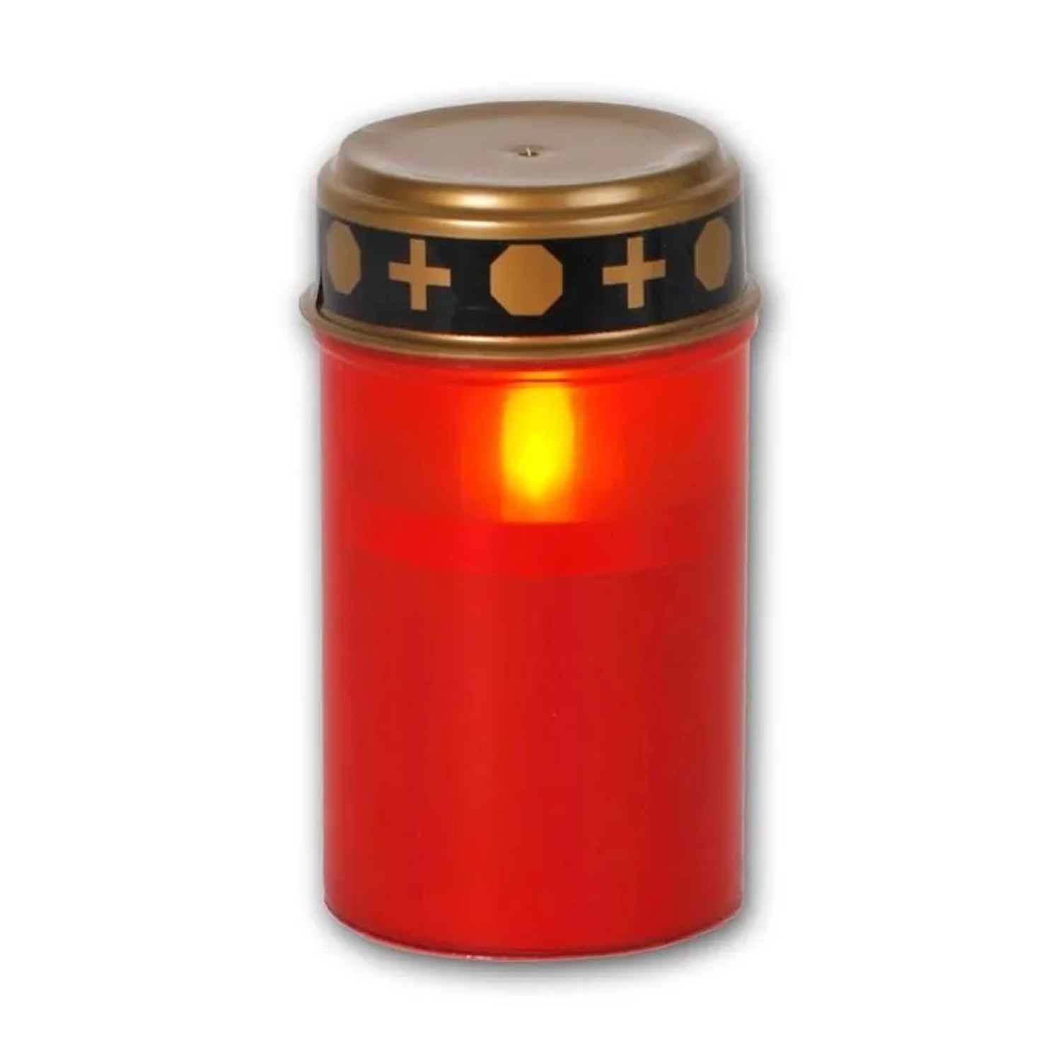 Rotes Star Trading LED-Grablicht Serene aus Kunststoff mit goldfarbenem Deckel, warmweißem Flackereffekt und Timer.