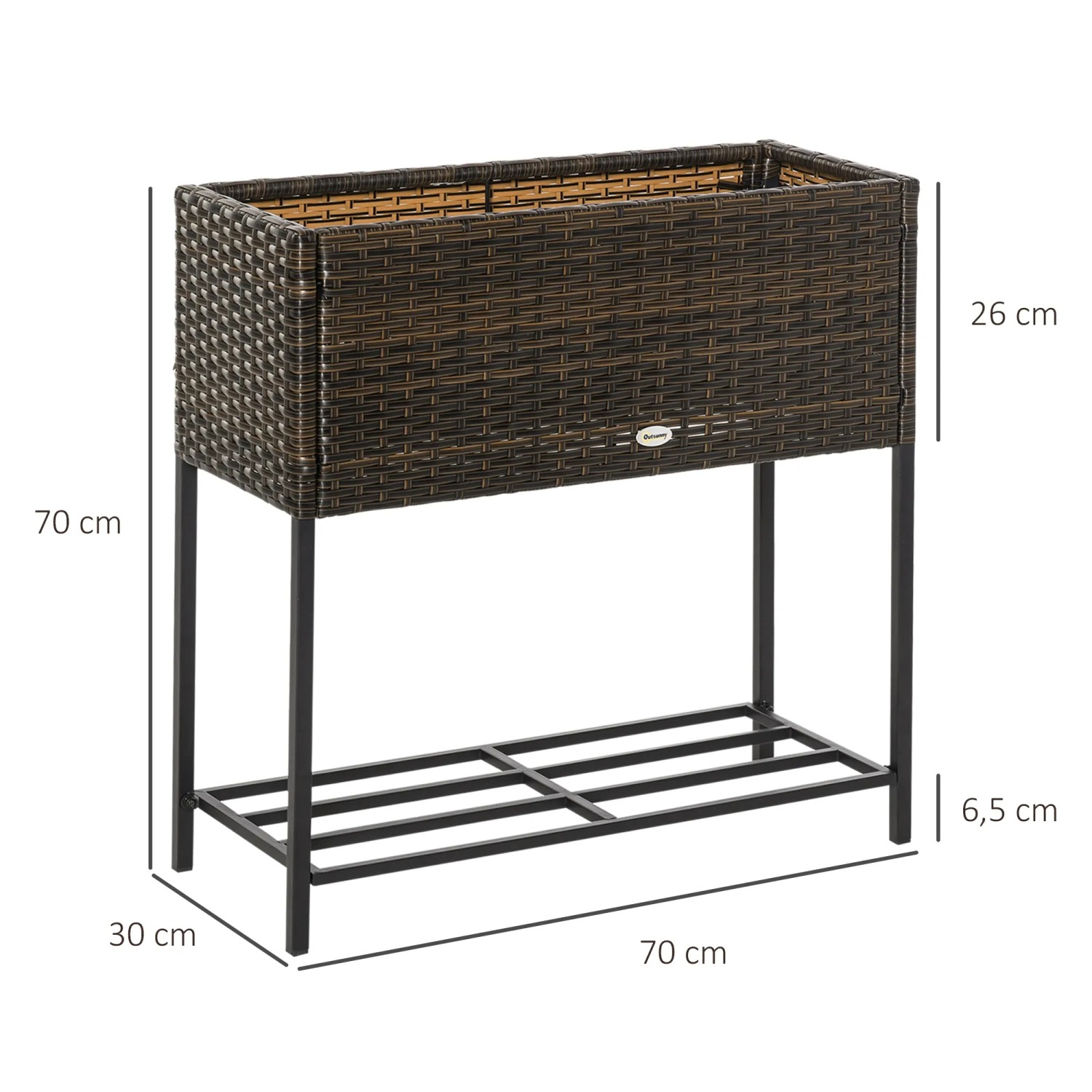 Outsunny Blumenkasten aus Rattan mit Füßen und Ablage, braun/schwarz.