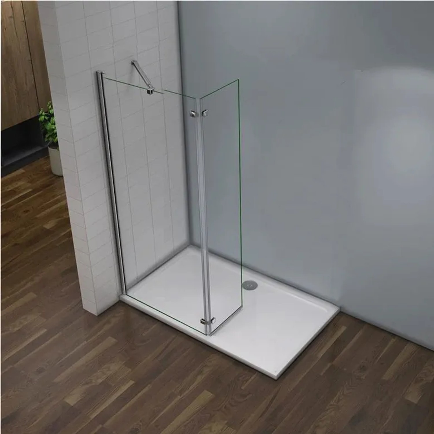 Weiße rechteckige Duschwanne aus Kunststein, 140x70x3cm, ebenerdig mit Glas-Walk-in-Dusche.