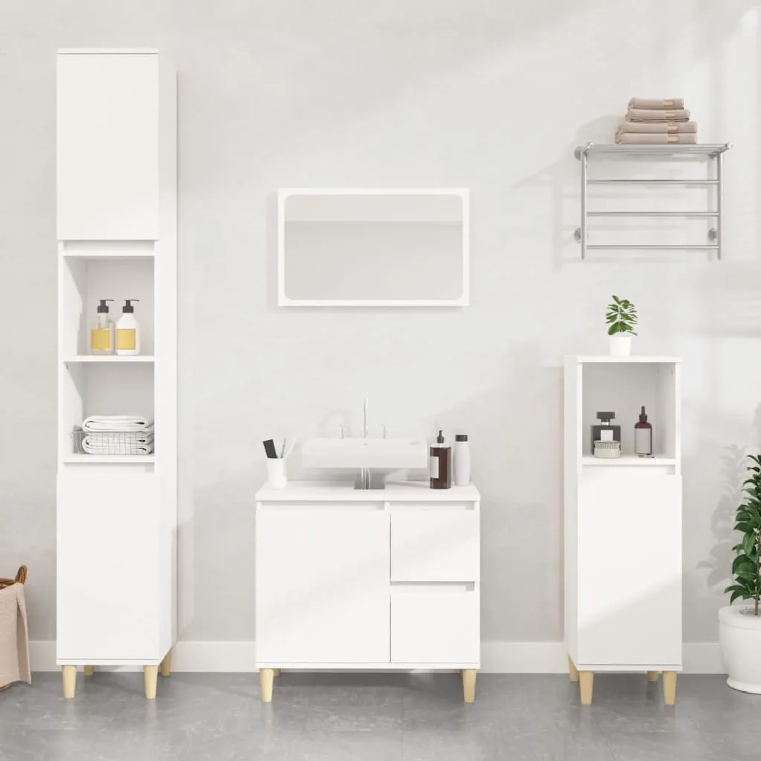 vidaXL 3-tlg. Badmöbel-Set Weiß: Waschbeckenunterschrank, Hoch- und Unterschrank aus Holzwerkstoff.