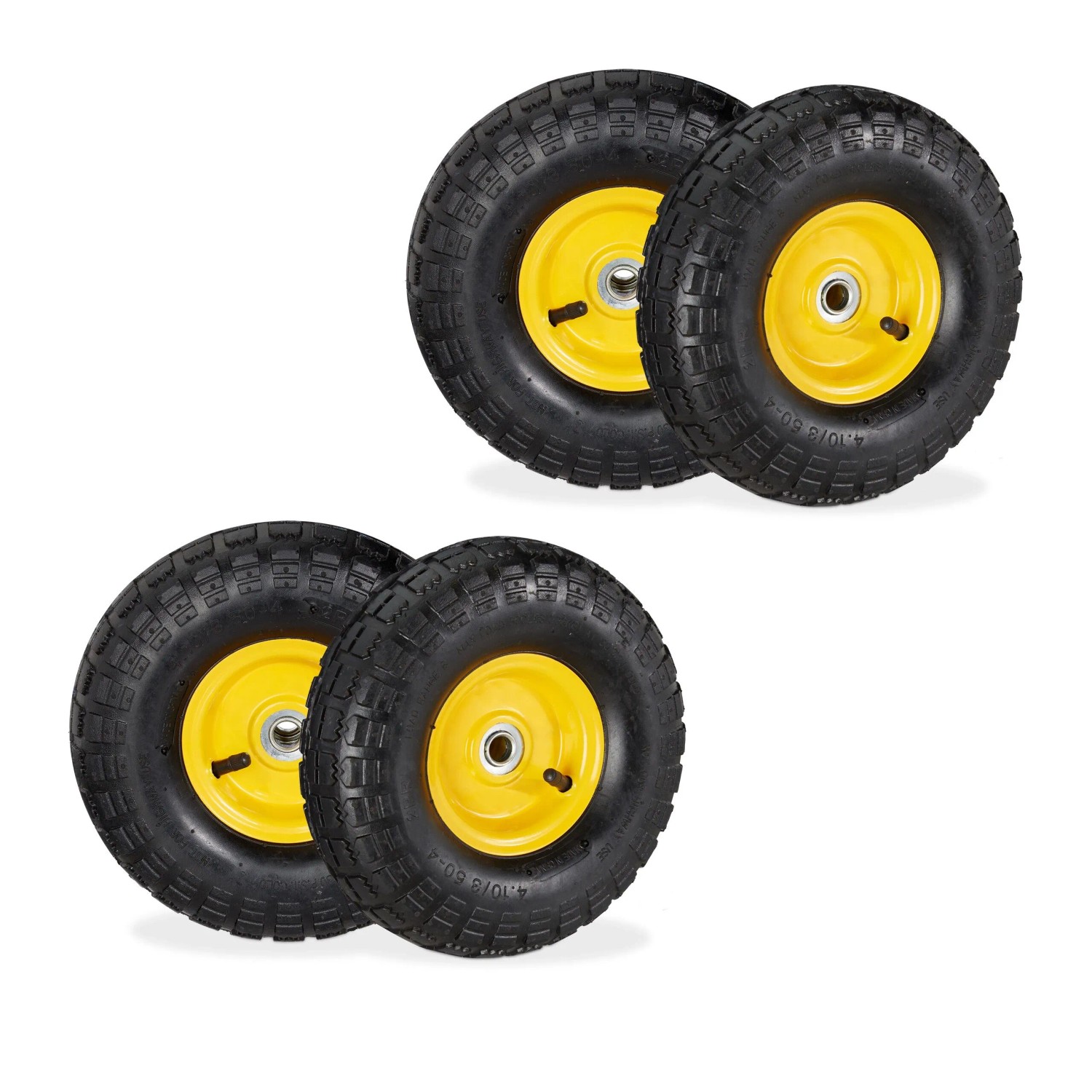 Relaxdays Sackkarrenrad 4er Set Gummi Stahl Schwarz Gelb Luftbereift Kugelgelagert 26 cm x 8,5 cm 1,2 kg