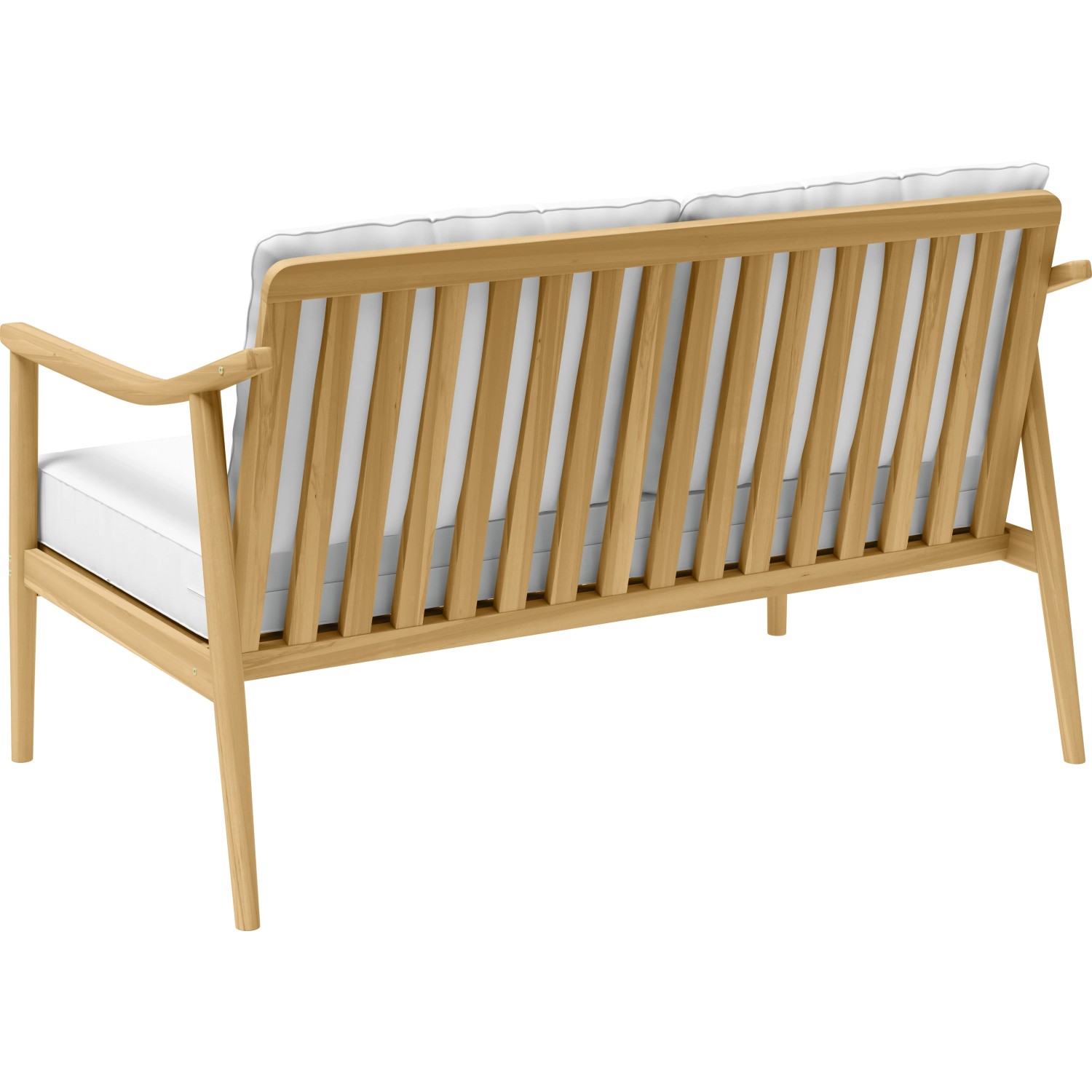 Lakewood Lounge-Bank aus Akazienholz mit weißen Kissen, Rückansicht. Teil eines 4-teiligen Gartenmöbel-Sets.