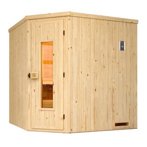 Weka Element-Ecksauna Varberg 2 Sparset mit Holztür und Ofen, naturbelassenes Fichtenholz.