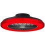 Schwarze LED-Deckenleuchte Badria mit Ventilator und rotem Lichtring, Ø 49 cm.