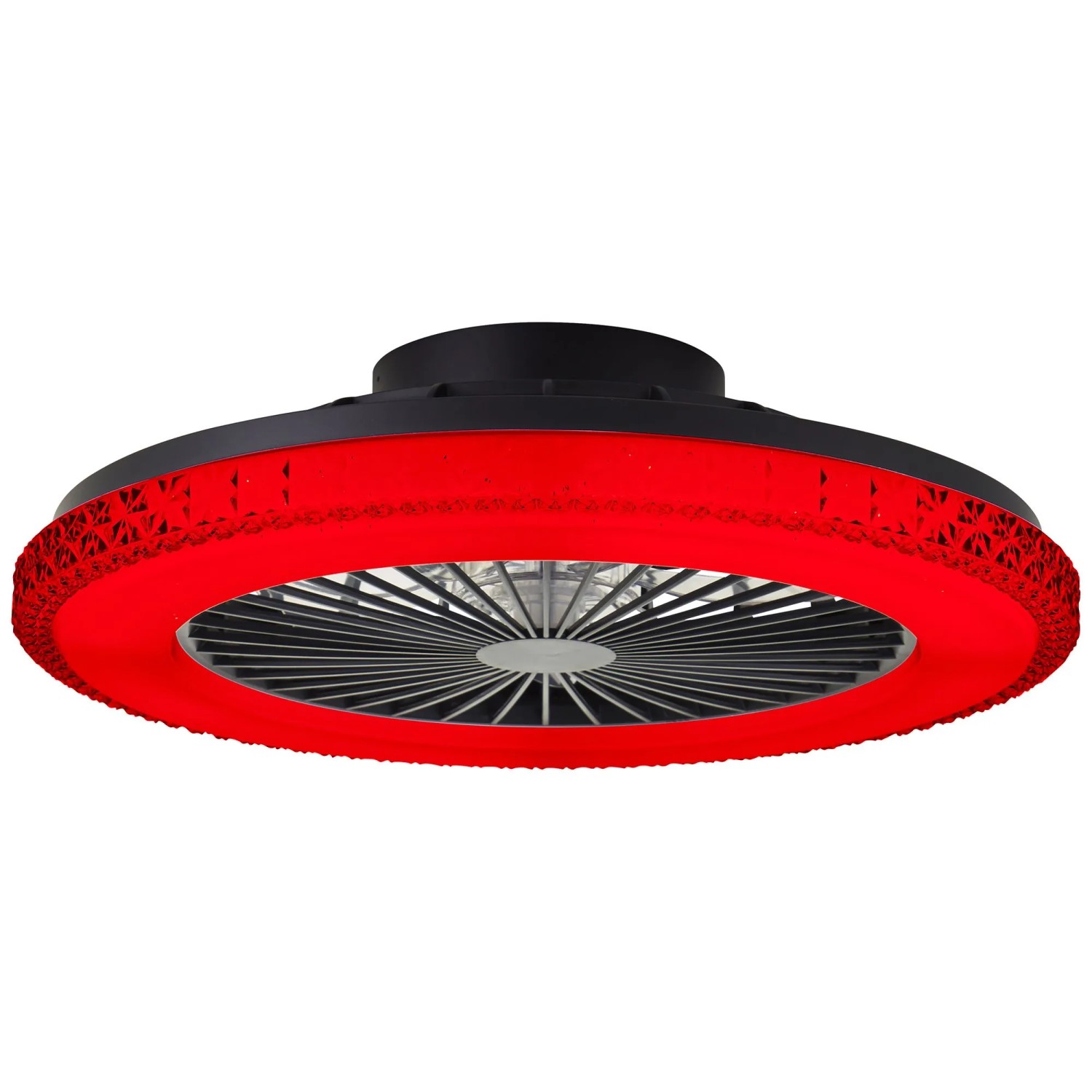 Schwarze LED-Deckenleuchte Badria mit Ventilator und rotem Lichtring, Ø 49 cm.