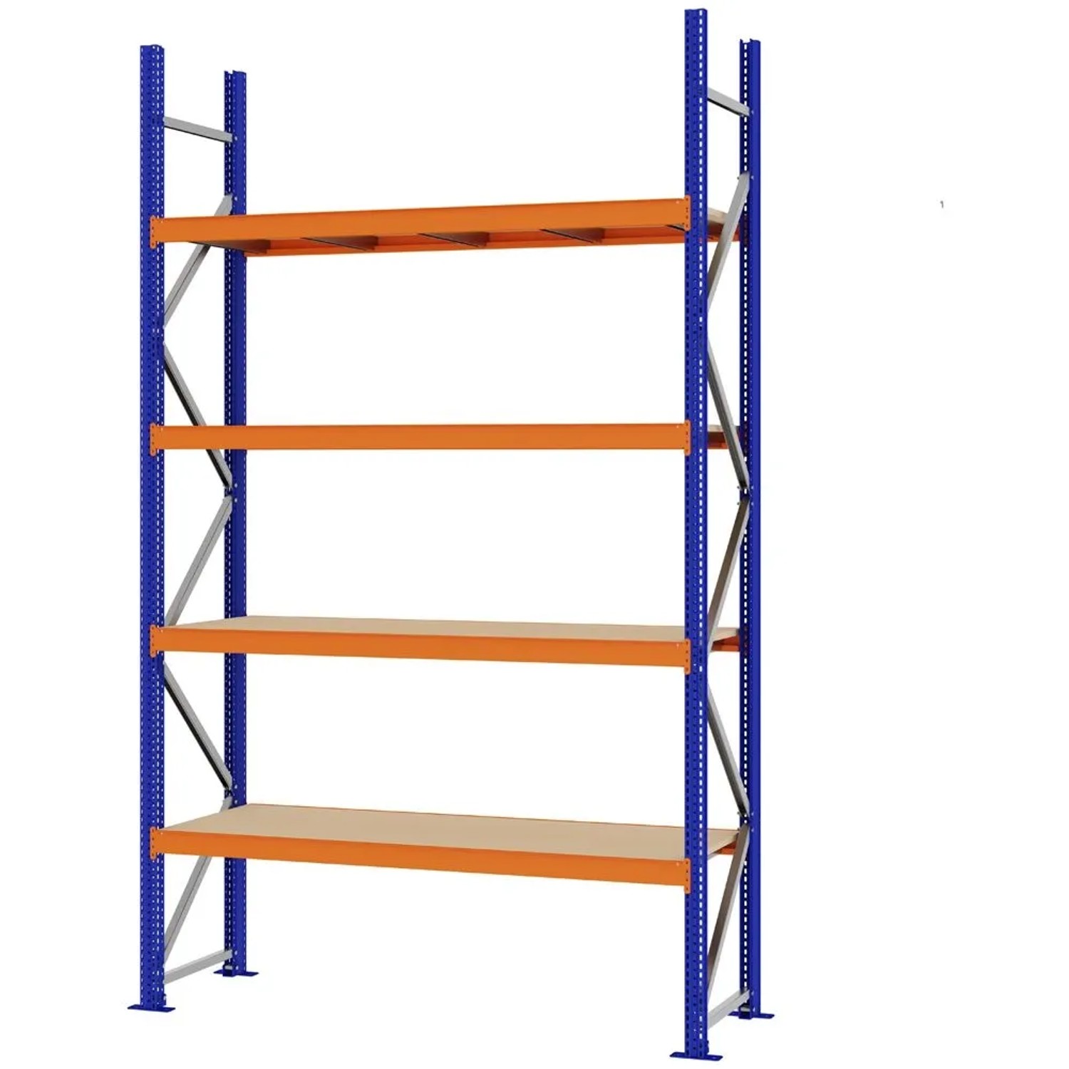 PROREGAL Weitspannregal Schraub-Stecksystem MAGNUS PRO Made In Germany Grundregal 300x175x50cm 4 Ebenen Spanplattenböden Fachlast 700kg Blau/Orange
