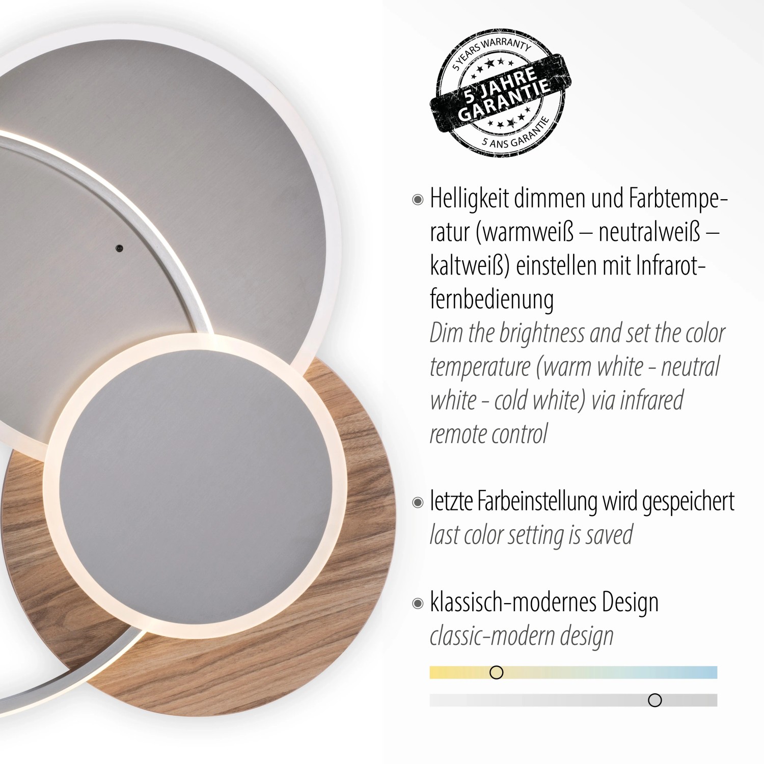 LED-Deckenleuchte Palma mit Holzdekor, 65x62,5 cm. Dimmbar, Lichtfarbe steuerbar.