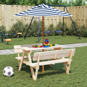 vidaXL Sonnenschirm für Kinder, blau-weiß gestreift, mit Holzmast über Picknicktisch im Garten.