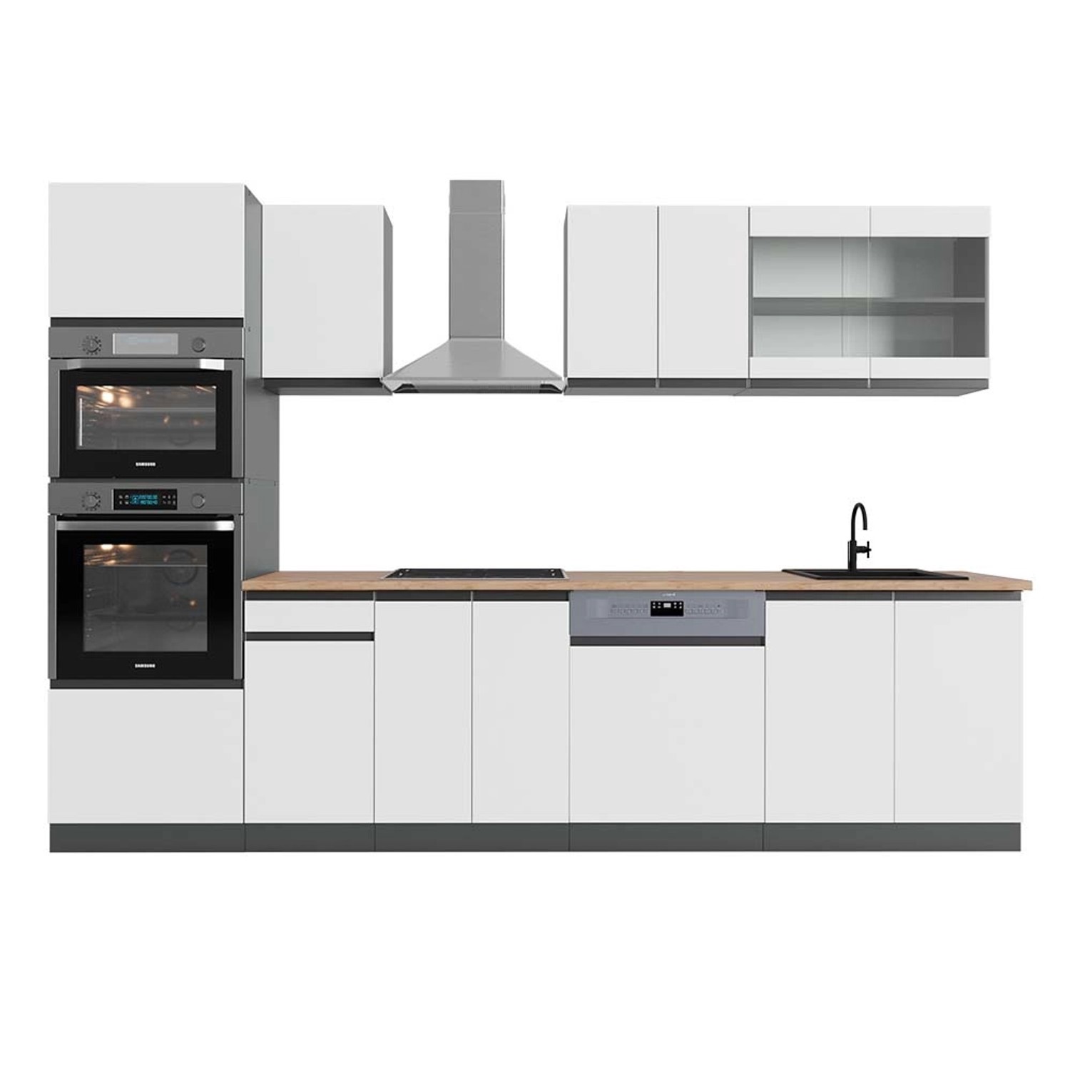 Vicco R-Line Küchenzeile Weiß/Anthrazit 300 cm mit HochschrankAP Eiche günstig online kaufen