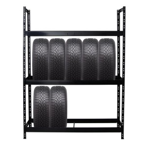 Schwarzes PROREGAL Reifenregal Tiger XL mit 8 Reifen auf 2 Ebenen. Ideal zur Lagerung von Reifen.