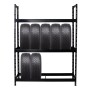 Schwarzes PROREGAL Reifenregal Tiger XL mit 8 Reifen auf 2 Ebenen. Ideal zur Lagerung von Reifen.