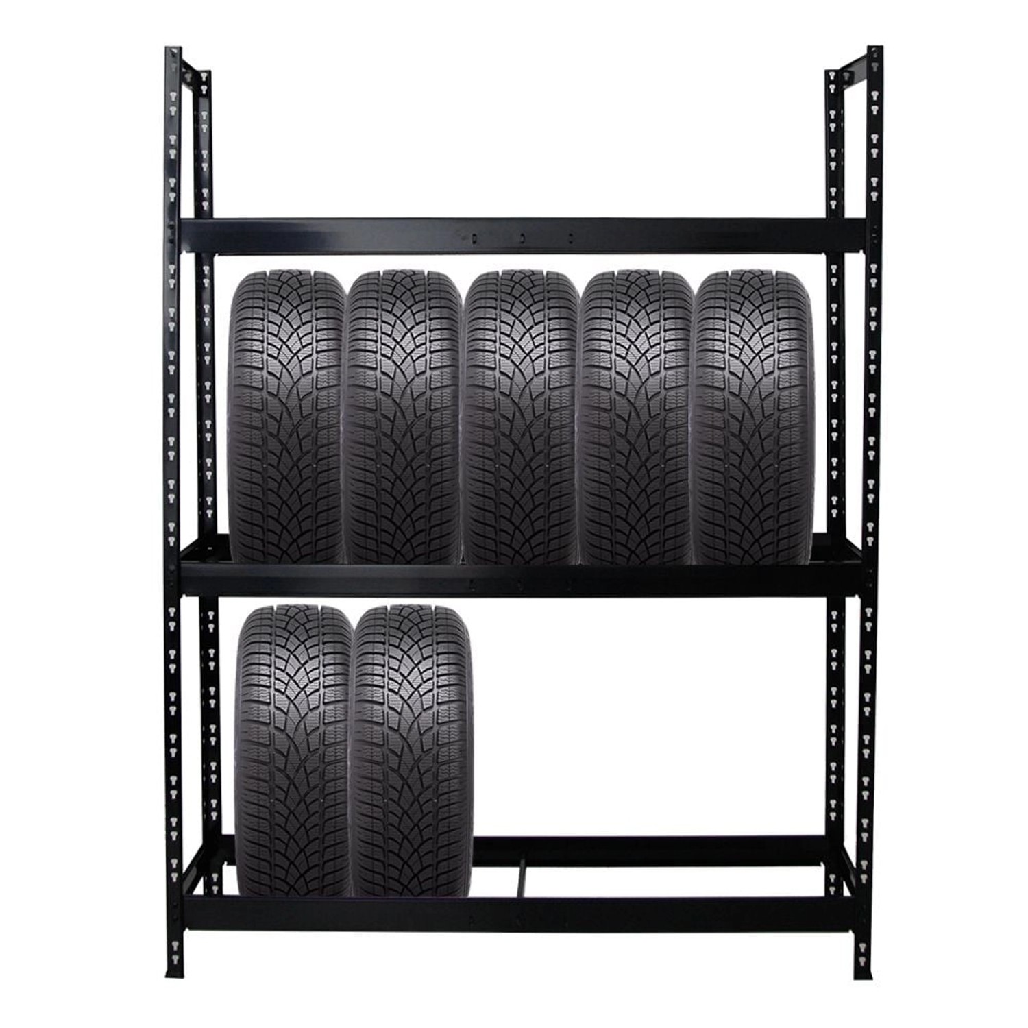Schwarzes PROREGAL Reifenregal Tiger XL mit 8 Reifen auf 2 Ebenen. Ideal zur Lagerung von Reifen.
