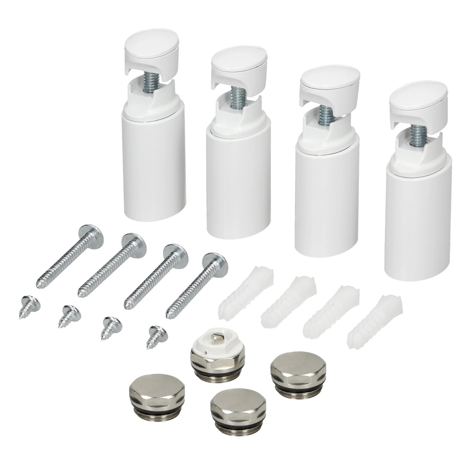 Montage-Set für LuxeBath Badheizkörper: Wandhalterungen, Schrauben, Dübel und Blindstopfen.