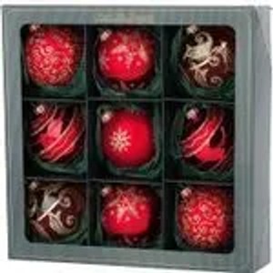 9 rote Christbaumkugeln aus mundgeblasenem Glas, Ø 8 cm, handdekoriert mit goldenen Weihnachtsmotiven im Set.