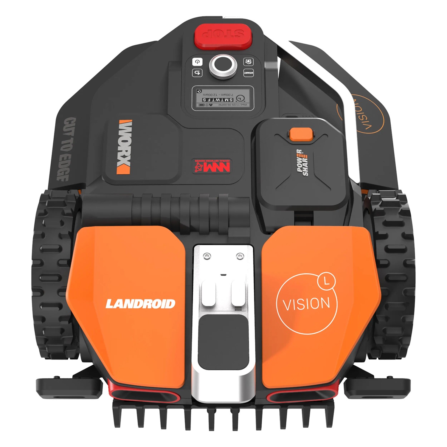 Worx Landroid Vision L1300 WR213E Mähroboter, Frontansicht. Rasenroboter ohne Begrenzungskabel.