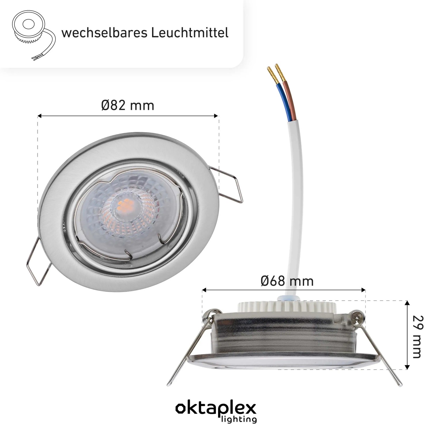 Oktaplex Dijon Einbaustrahler 12er Set, gebürsteter Edelstahl, warmweißes LED-Modul, schwenkbar.