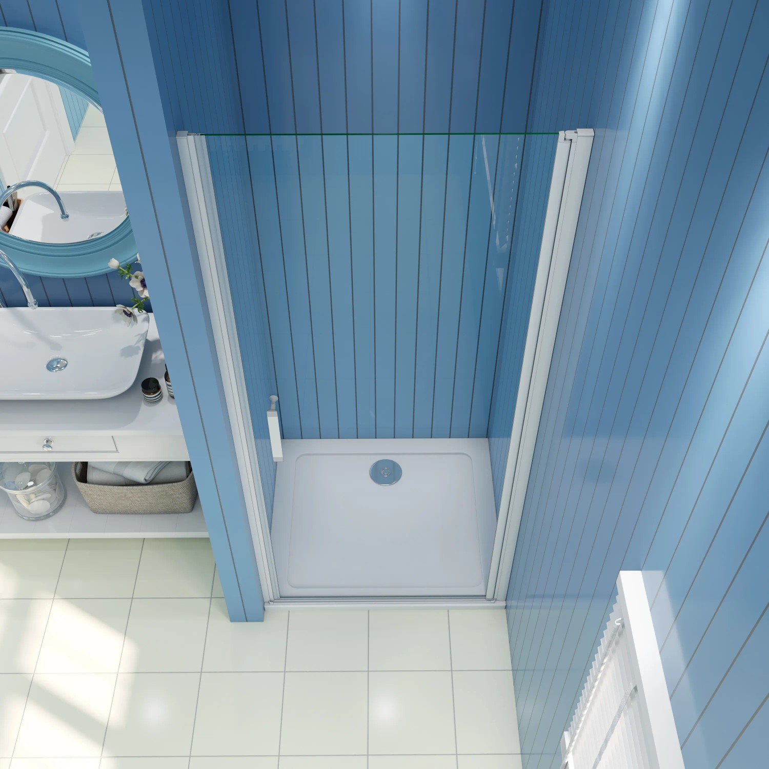 AICA Nischentür 70x185cm, Alu Silber Matt, ESG Glas, Drehtür für Dusche.