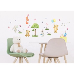 Sanders & Sanders Wandtattoo Wald mit Tieren, multicolor, 30x30 cm. Kinderzimmer Deko.