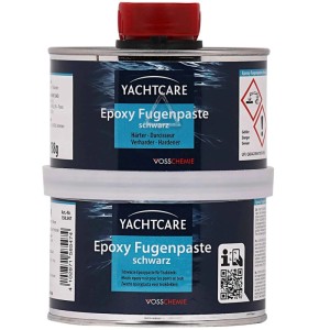 Yachtcare EP Fugenpaste Schwarz A+B 500g. Zwei schwarze Dosen mit rotem Deckel für Bootsfugen und Holzarbeiten.