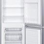 Geöffnete PKM Kühl-Gefrierkombination KG151-3 im Inox Design mit LED-Beleuchtung und Fächern.