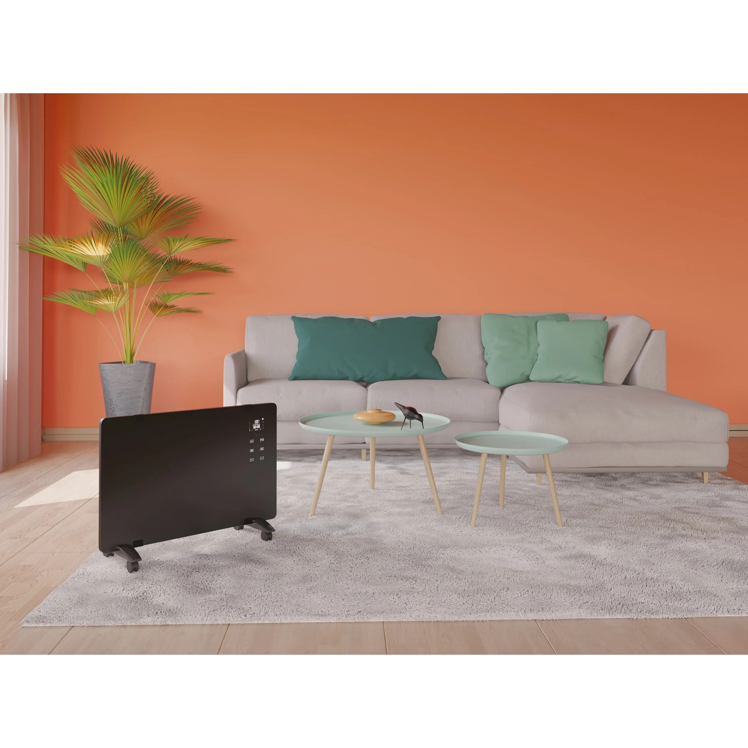 Schwarzer Glaspanel-Heizer 2000 W im Wohnraum, elektrische Heizung mit Touchpad und Fernbedienung.