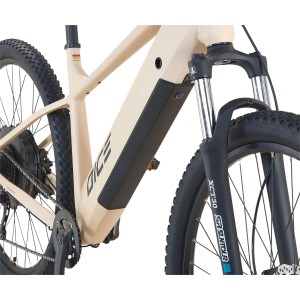 Detailaufnahme: Sandbeiges Prophete E-Bike MTB Dice 2.0 mit integriertem Akku.