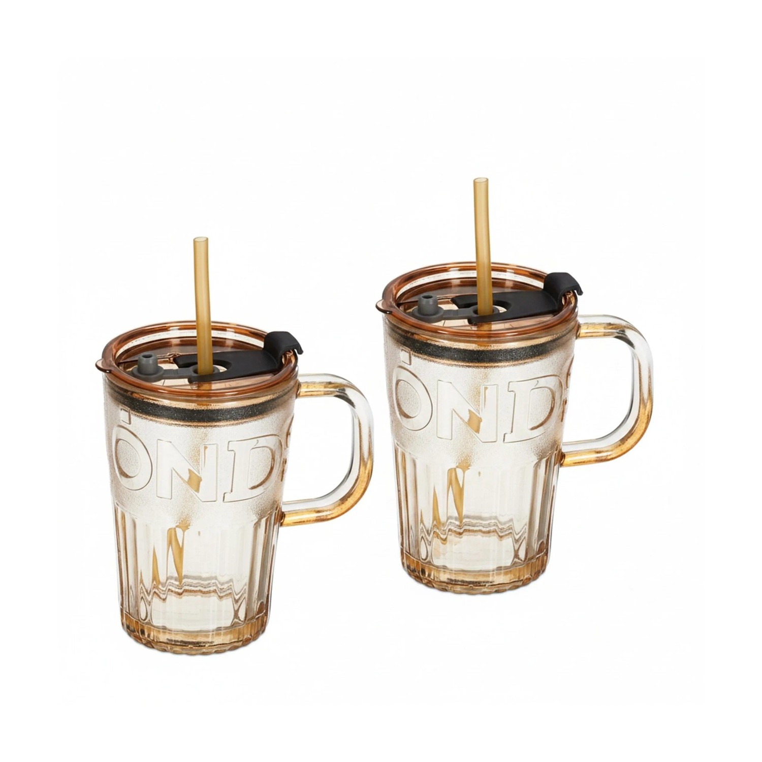 Relaxdays Trinkgläser 2er Set Glas Hellbraun mit Henkel mit Deckel mit Strohhalm 13 cm x 13 cm x 8,5 cm