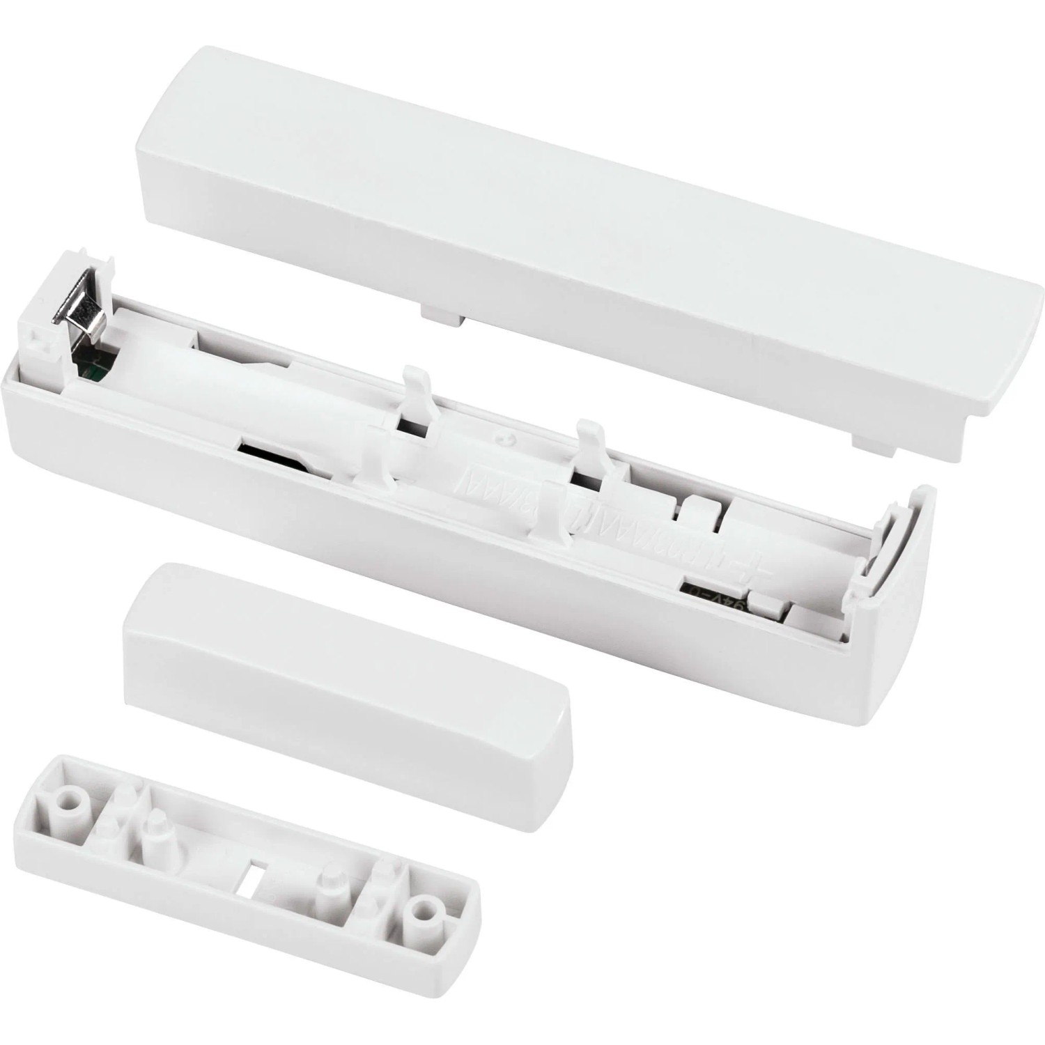 Homematic IP Fenster- und Türkontakt, weiß, zerlegt. Zeigt Sensor, Magnet und Batteriefach für Hausautomation.